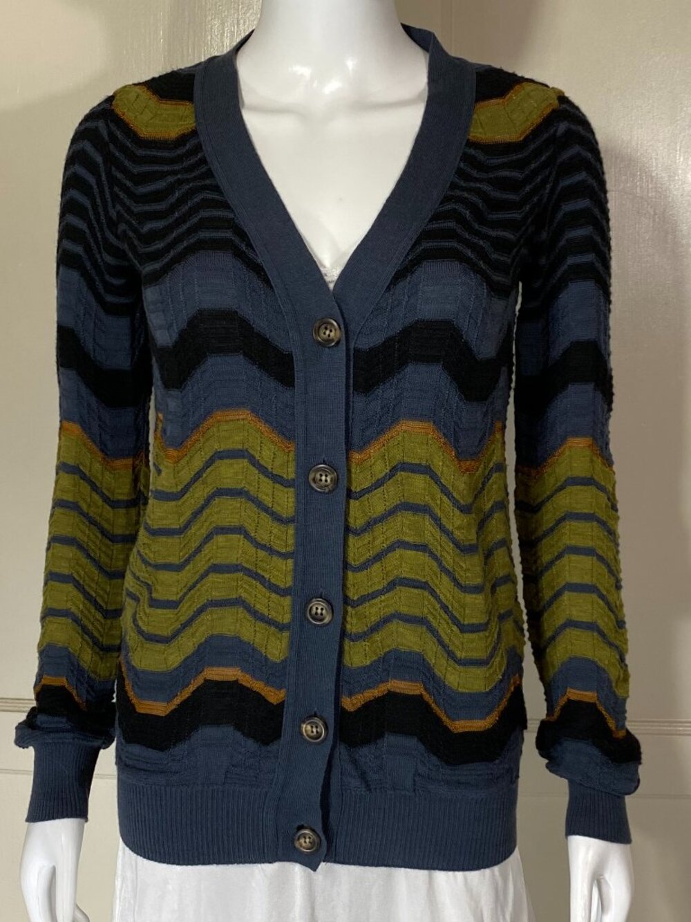 VINTAGE M MISSONI Made in ITALY Chevron Knit Cardigan Y2K Blue Olive Copper XS/S